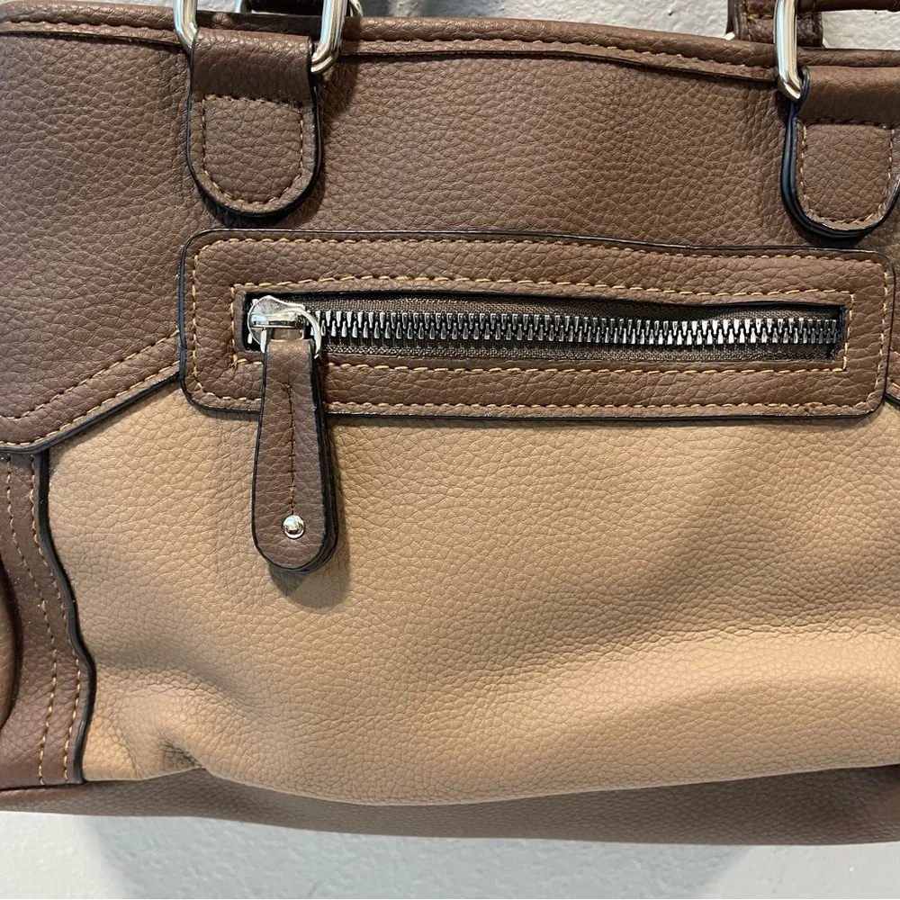 Faux Leather Double‎ Opening Center Zip Purse Hobo Bag Brown And Tan